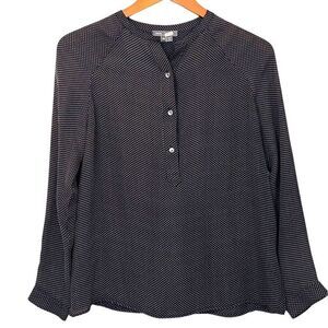 Vince Silk Popover Blouse Black White Long Sleeve Banded Collar Classic Size XS